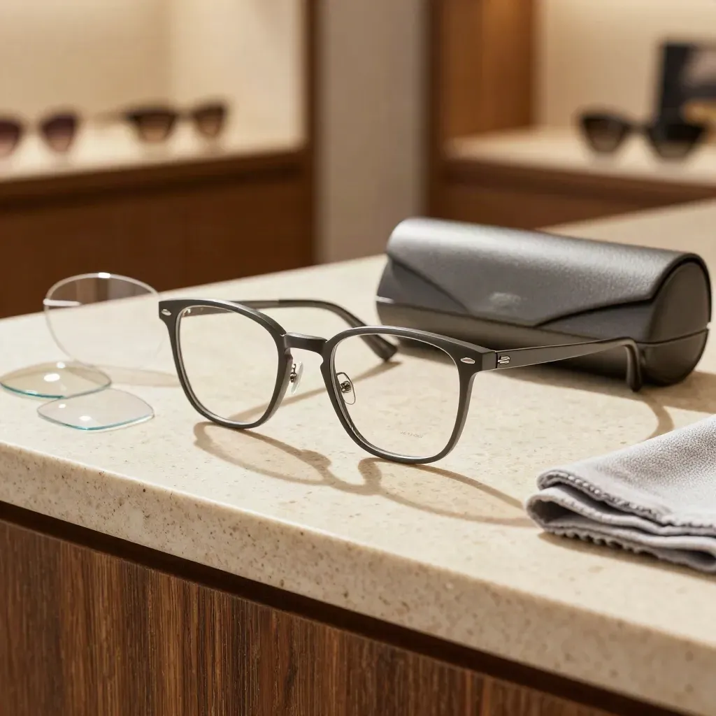 Gleitsichtbrille mit Etui, Glasrohlingen und Putztuch auf warmer Beratungsfläche