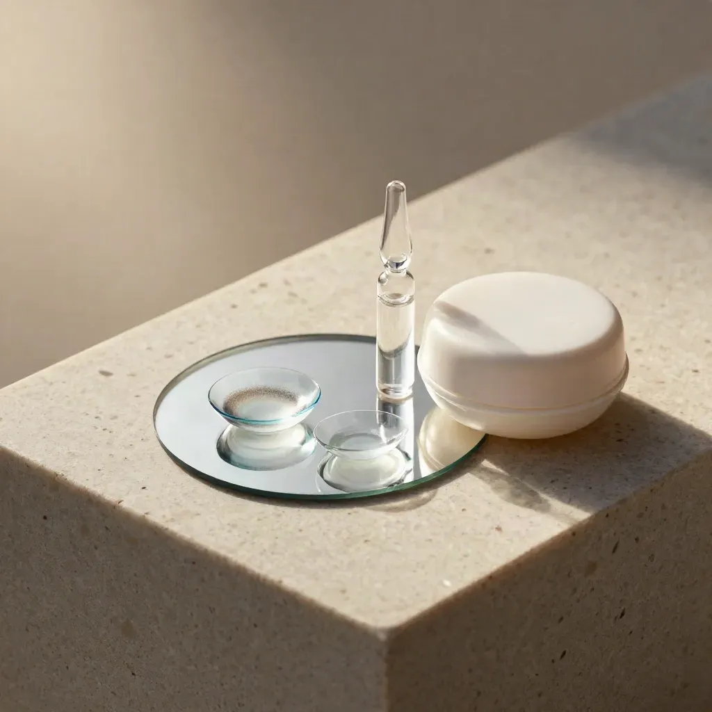 Kontaktlinsen-Set mit Salzlösung, Spiegeltray und geschlossenem Etui auf hellem Travertin.