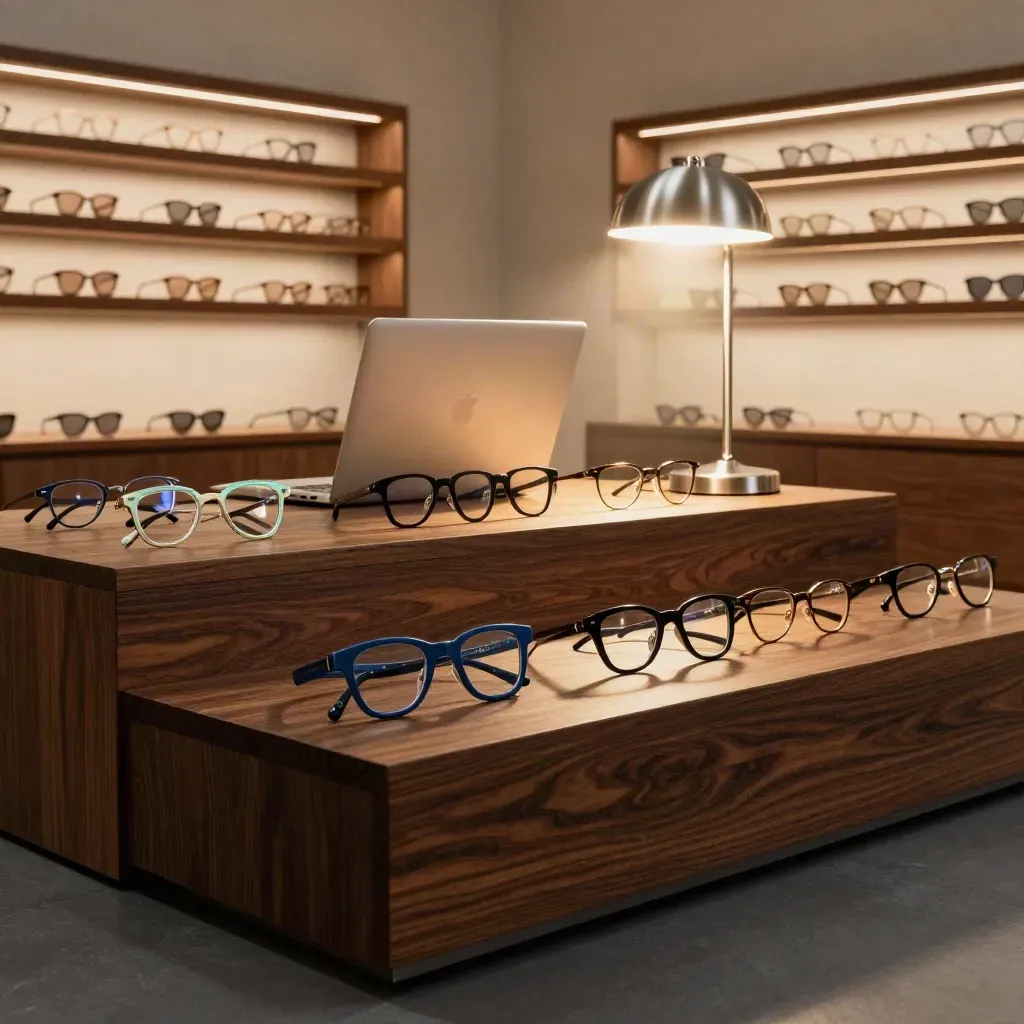 Blaulichtbrillen-Serie mit Laptop und Lampe in ruhigem Optikgeschäft, warm und cineastisch