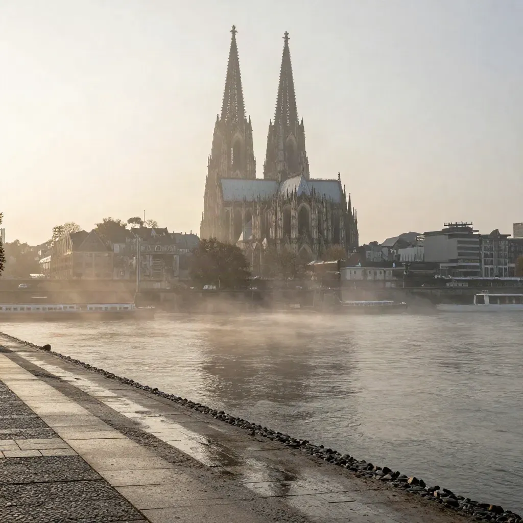 Kölner Dom über dem Rhein im Morgennebel, davor nasse Ufersteine und ruhige Wasserfläche.