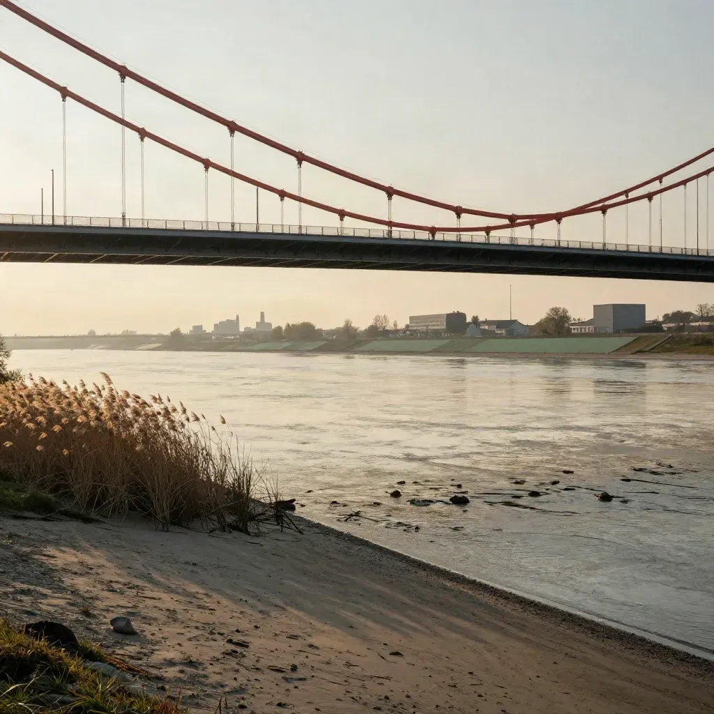 Leverkusener Rheinufer mit Brückenlinien, Ufergrün und Industriehorizont im Abendlicht